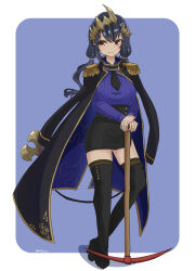 Rule 34 | 1girl, absurdres, black coat, black footwear, black hair, black necktie, black skirt, blue background, blue shirt, blush, boots, breasts, brown eyes, closed mouth, coat, coat on shoulders, commentary request, epaulettes, full body, heel up, highres, holding, holding pickaxe, large breasts, long hair, long sleeves, looking at viewer, low twintails, medium bangs, mitsuru aga, nanashi inc., necktie, pencil skirt, pickaxe, platform footwear, platform heels, shimamura charlotte, shirt, simple background, skirt, smile, solo, standing, striped clothes, striped shirt, tan, thigh boots, twintails, two-tone background, vertical-striped clothes, vertical-striped shirt, virtual youtuber, white background