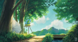 Rule 34 | artist name, blue sky, canvas (object), cloud, cloudy sky, commentary, day, english commentary, forest, grass, highres, kaze tachinu, marusa gorjup, nature, no humans, outdoors, painting (object), scenery, sky, studio ghibli, studio ghibli (style), tree, umbrella