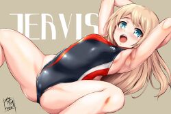 Rule 34 | 1girl, alternate costume, armpits, arms behind head, black one-piece swimsuit, blonde hair, blue eyes, blush, breasts, character name, highres, jervis (kancolle), kantai collection, long hair, looking at viewer, lying, on back, one-piece swimsuit, open mouth, small breasts, solo, spread legs, swimsuit, yellow quokka