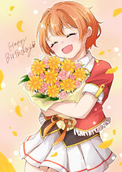 Rule 34 | 1girl, absurdres, birthday, closed eyes, happy birthday, highres, hoshizora rin, hug, looking at viewer, love live!, open mouth, orange hair, prr 1101, short sleeves, smile, solo