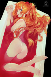 Rule 34 | 1girl, artist name, ass, barefoot, bathtub, black background, blue eyes, blush, completely nude, curvy, feet up, from above, from behind, grandia lee, hair ornament, highres, long hair, looking at viewer, looking back, neon genesis evangelion, nude, orange hair, parted lips, partially submerged, shiny skin, simple background, solo, souryuu asuka langley, toes, twintails, v-shaped eyebrows, very long hair, water, wide hips