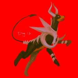 Rule 34 | animal focus, bone, creatures (company), english text, full body, game freak, gen 2 pokemon, highres, houndoom, mega houndoom, mega pokemon, nintendo, no humans, open mouth, pokemon, pokemon (creature), red background, red eyes, simple background, solo, yug (yu g)
