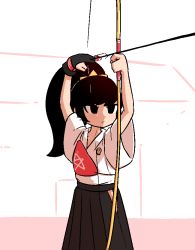 Rule 34 | 1girl, 2020 summer olympics, alternate costume, alternate hairstyle, arms up, arrow (projectile), ashley (warioware), black hair, bow (weapon), drawfag, dress, liveactors, nintendo, ponytail, solo, warioware, weapon