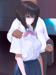 Rule 34 | 1boy, 1girl, a1 (initial-g), black hair, blue skirt, breasts, brown eyes, closed mouth, commentary request, girls und panzer, hand on another&#039;s shoulder, implied prostitution, kawashima momo, large breasts, monocle, pink neckwear, pink ribbon, pleated skirt, ribbon, shirt, short hair, short sleeves, skirt, solo focus, white shirt