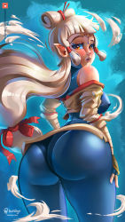 Rule 34 | 1girl, ass, bare shoulders, blush, bodysuit, bodysuit under clothes, breasts, brown eyes, fingerless gloves, from behind, gloves, hair ornament, hair tubes, hanshyn, highres, huge ass, hyrule warriors, hyrule warriors: age of calamity, impa, japanese clothes, kimono, large breasts, long hair, looking at viewer, looking back, nintendo, open mouth, pantylines, pointy ears, shiny clothes, shiny skin, short kimono, sideboob, silver hair, skin tight, smile, solo, the legend of zelda, the legend of zelda: breath of the wild, very long hair