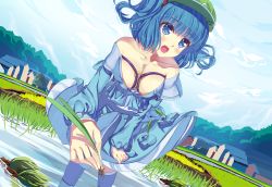 Rule 34 | 1girl, alternate breast size, bad id, bad perspective, bad pixiv id, bare shoulders, bent over, blue dress, blue eyes, blue hair, blue sky, blush, boots, breasts, cleavage, cloud, collarbone, day, dress, female focus, grass, hair bobbles, hair ornament, hat, kawashiro nitori, key, leaning forward, long sleeves, matching hair/eyes, medium breasts, no bra, open mouth, plant, pocket, rice paddy, rubber boots, short hair, skirt, sky, smile, solo, touhou, twintails, two side up, underwear, xiaoai
