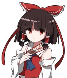 Rule 34 | 1girl, :/, alternate hair length, alternate hairstyle, bare shoulders, black hair, blunt bangs, blush, bob cut, bow, breasts, brown hair, detached sleeves, hair bow, hair ribbon, hair tubes, hakurei reimu, highres, holding, homco, japanese clothes, legacy of lunatic kingdom, looking at viewer, miko, neckerchief, nontraditional miko, ofuda, parted bangs, red eyes, ribbon, ribbon-trimmed sleeves, ribbon trim, serious, short hair, small breasts, solo, talisman, touhou, upper body, yin yang