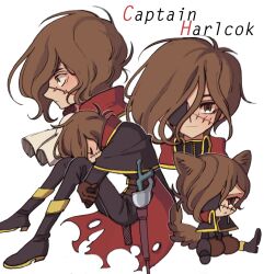 Rule 34 | 1boy, animal ears, black cape, black footwear, black pants, boots, brown eyes, brown gloves, brown hair, cape, character name, chibi, closed mouth, commentary, english commentary, expressions, eyepatch, facing down, full body, gloves, hair over one eye, harlock, harlock saga, hugging own legs, kemonomimi mode, knee boots, knees up, long sleeves, looking at viewer, male focus, meremero, multiple views, pants, profile, scabbard, scar, scar on face, sheath, short hair, simple background, sitting, smile, surprised, tail, torn cape, torn clothes, uchuu kaizoku captain harlock, white background