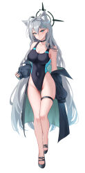 Rule 34 | 1girl, absurdres, ahoge, alternate costume, animal ear fluff, animal ears, bare shoulders, black choker, black footwear, black halo, black jacket, blue archive, blue eyes, blue one-piece swimsuit, breasts, bright pupils, broken halo, choker, cleavage, competition swimsuit, covered navel, cross, cross hair ornament, full body, hair ornament, halo, high heels, highleg, highleg swimsuit, highres, inverted cross, jacket, large breasts, li se, looking at viewer, off shoulder, one-piece swimsuit, shiroko (blue archive), shiroko (swimsuit) (blue archive), shiroko terror (blue archive), simple background, solo, standing, swimsuit, thigh strap, thighs, white background, white pupils, wolf ears, wolf girl