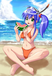 Rule 34 | 1girl, barefoot, beach, bikini, blue hair, cloud, crossed legs, day, diving mask, feet, food, food on face, fruit, goggles, green eyes, holding, holding food, holding fruit, indian style, long hair, mikagami sou, orange bikini, original, outdoors, side ponytail, sitting, snorkel, solo, swimsuit, watermelon
