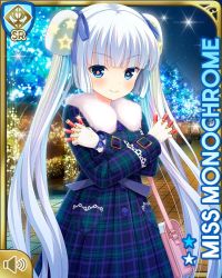 Rule 34 | 1girl, black dress, black footwear, blue coat, blue eyes, blunt bangs, card, character name, closed mouth, coat, dress, girlfriend (kari), miss monochrome, miss monochrome (character), night, official art, outdoors, qp:flapper, smile, snow, solo, standing, tagme, twintails, white hair, winter clothes, winter coat