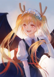 Rule 34 | 10s, 1girl, :d, absurdres, ascot, backlighting, black dress, black wings, blonde hair, blurry, blush, bow, breasts, commentary request, cowboy shot, dragon girl, dragon horns, dragon wings, dress, elbow gloves, eyelashes, fangs, female focus, frilled sleeves, frills, gloves, gradient background, gradient hair, hand up, highres, horns, kamachi kamachi-ko, kobayashi-san chi no maidragon, long hair, looking away, looking to the side, maid, maid headdress, medium breasts, multicolored hair, open mouth, orange bow, orange hair, puffy short sleeves, puffy sleeves, red eyes, sash, short sleeves, sleeveless, sleeveless dress, slit pupils, smile, solo, teeth, tohru (maidragon), tongue, tsurime, twintails, upper body, white gloves, wings