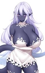 Rule 34 | 1girl, arms under breasts, bare shoulders, blush, breasts, cleavage, closed mouth, colored skin, commission, cowboy shot, dress, elbow gloves, floating clothes, frown, gloves, hair between eyes, highres, huge breasts, long hair, looking at viewer, original, pointy ears, purple eyes, purple hair, purple skin, short dress, simple background, skeb commission, solo, strapless, strapless dress, suruga (xsurugax), tail, thighs, white background, white dress, white gloves