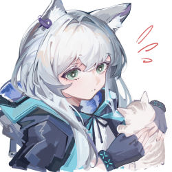 Rule 34 | 1girl, absurdres, animal, animal ear fluff, animal ears, arknights, black gloves, black jacket, blouse, cat, cat ears, chinese commentary, earpiece, fingerless gloves, gloves, green eyes, highres, holding, holding animal, holding cat, huge filesize, infection monitor (arknights), jacket, jacket on shoulders, long hair, lushi jin up, notice lines, open clothes, open jacket, portrait, rosmontis (arknights), shirt, solo, white hair, white shirt, wristband
