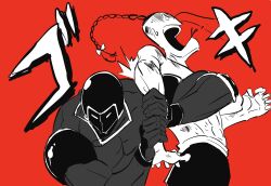 Rule 34 | 2boys, abs, absurdres, android, armor, battle, biceps, bracelet, broken arm, clenched hands, fighting, greyscale with colored background, helmet, highres, jewelry, kinnikuman, large pectorals, manly, monochrome, multiple boys, muscular, pain, pectorals, ramenman, red background, surprised, sushio, sweat, violence, warsman, wrestling, wrestling outfit