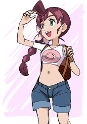 Rule 34 | 1girl, :d, ahoge, alternate costume, backpack, bag, brown bag, brown hair, chloe (pokemon), commentary request, creatures (company), cropped shirt, eyelashes, flower, game freak, green eyes, grey shorts, hainchu, hair flower, hair ornament, hand up, highres, holding strap, long hair, looking up, nintendo, open mouth, pink flower, poke ball print, pokemon, pokemon (anime), pokemon journeys, shirt, short sleeves, shorts, smile, solo, teeth, tongue, upper teeth only, white shirt