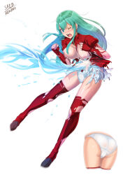 Rule 34 | 1girl, ;o, aqua eyes, aqua hair, artist name, ass, attack, blush, bouncing breasts, breasts, commission, earrings, eirika (fire emblem), energy, fingerless gloves, fire emblem, fire emblem: the sacred stones, gloves, highres, injury, jewelry, kazeno, long hair, medium breasts, miniskirt, motion blur, motion lines, multiple views, navel, nintendo, nipples, one eye closed, open mouth, panties, red gloves, red shirt, saliva, shirt, short sleeves, simple background, skeb commission, skirt, torn clothes, torn shirt, torn skirt, underwear, white background, white panties, white skirt
