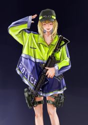 Rule 34 | 1girl, absurdres, assault rifle, baseball cap, blonde hair, blush, character request, closed eyes, commentary, feet out of frame, gun, hat, highres, holding, holding gun, holding weapon, lithographica, long hair, long sleeves, open mouth, original, police, police hat, police uniform, policewoman, rifle, salute, simple background, smile, solo, standing, teeth, uniform, upper teeth only, weapon, weapon request