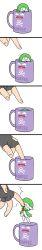 Rule 34 | ^^^, absurdres, airalin (mark folks), biting, coffee cup, comic, creatures (company), cup, disposable cup, fang, finger biting, game freak, gardevoir, gen 1 pokemon, gen 3 pokemon, hair over one eye, hiding, highres, koffing, long image, mini person, minigirl, nintendo, o o, pokemon, pokemon (creature), pokemon move, poking, pun, rakkuguy, simple background, smile, solo focus, tall image, white background