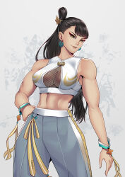 Rule 34 | 1girl, abs, absurdres, black hair, bracelet, capcom, chun-li, cleavage cutout, clothing cutout, crop top, earrings, eyeshadow, fishnet top, fishnets, highres, jewelry, long hair, looking at viewer, makeup, muscular, muscular female, smile, solo, street fighter, toned, tre artz, white background, yellow eyes