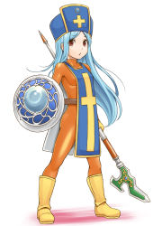 Rule 34 | 1girl, blue hair, bodysuit, boots, breasts, chunsoft, dragon quest, dragon quest iii, enix, gloves, hat, long hair, mitre, mo-fu, priest (dq3), red eyes, shield, sideboob, simple background, skin tight, small breasts, solo, standing, tabard, weapon, white background