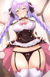 Rule 34 | 1girl, absurdres, alternate costume, apron, bimmy, black panties, blue eyes, braid, breasts, choujigen game neptune, cleavage, clothes lift, compile heart, dress, dress lift, enmaided, garter straps, hair between eyes, highres, idea factory, large breasts, lifting own clothes, long hair, looking at viewer, maid, maid apron, maid headdress, naughty face, neptune (series), panties, power symbol, power symbol-shaped pupils, purple hair, purple heart (neptunia), smile, solo, symbol-shaped pupils, teasing, thighhighs, twin braids, twintails, underwear, very long hair, white thighhighs