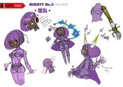 Rule 34 | 1girl, android, bra, breasts, character sheet, claws, concept art, dark skin, dark-skinned female, dynatron (mighty no. 9), female focus, flat color, dynatron (mighty no. 9), mighty no. 9, panties, purple hair, red eyes, robot, solo, translation request, underwear, white background