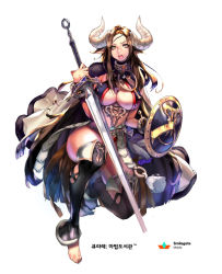 Rule 34 | 1girl, animal ears, bad id, bad pixiv id, barefoot, black thighhighs, breasts, brown eyes, brown hair, cape, cleavage, cow ears, cow horns, full body, gold, holding, holding sword, holding weapon, horns, large breasts, long hair, looking at viewer, milin (orange maru), navel, open mouth, qurare magic library, shield, simple background, solo, sword, teeth, thighhighs, weapon, white background