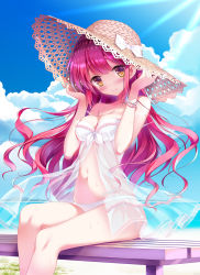 Rule 34 | 1girl, babydoll, bench, blush, bracelet, breasts, brown eyes, cleavage, cloud, cloudy sky, collarbone, day, floating hair, front-tie top, hands on headwear, hat, highres, jewelry, kimishima ao, light rays, light trail, long hair, looking at viewer, medium breasts, navel, original, outdoors, panties, red hair, see-through, sitting, sky, sleeveless, smile, solo, straw hat, sun hat, sunbeam, sunlight, sweat, swimsuit, underwear, white babydoll