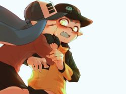 Rule 34 | 1boy, 1girl, arm grab, baseball cap, black headwear, black shorts, blue headwear, blush, closed eyes, colored tongue, commentary, constricted pupils, fang, frown, green tongue, grey headwear, hat, hetero, highres, inkling, inkling boy, inkling girl, inkling player character, jacket, kiss, kissing cheek, leaning back, leaning forward, long hair, long sleeves, looking at another, maimo, nintendo, open mouth, pointy ears, print headwear, red shirt, shirt, shorts, simple background, splatoon (series), splatoon 2, standing, sweatdrop, tentacle hair, white background, yellow eyes, yellow jacket