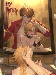Rule 34 | 2boys, absurdres, aether (genshin impact), bathroom, bite mark, black collar, blonde hair, blood, blood writing, blue eyes, braid, chain, cigarette, collar, earrings, english text, genshin impact, grabbing another&#039;s hair, ha ze, hair between eyes, heart, highres, implied sex, jewelry, leash, long hair, male focus, mirror, mouth hold, multiple boys, nipples, nude, open clothes, open shirt, orange hair, plant, potted plant, pov, red shirt, reflection, scar, scar on ass, scar on chest, shirt, single braid, single earring, smoke, smoking, sweat, tartaglia (genshin impact), tile wall, tiles, viewer holding leash, yaoi