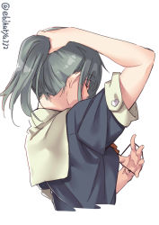 Rule 34 | 1girl, arms up, bow, bowtie, breasts, closed eyes, ebifurya, eyes visible through hair, from behind, green hair, hair bow, highres, holding, holding hair, kantai collection, medium breasts, ponytail, sailor collar, school uniform, serafuku, short ponytail, short sleeves, simple background, solo, tying hair, upper body, white background, yuubari (kancolle)