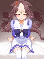 Rule 34 | 1girl, absurdres, animal ears, bed, blush, breasts, brown eyes, closed mouth, collarbone, commentary request, hair ornament, heart, highres, horse ears, horse girl, large breasts, long hair, looking at viewer, low twintails, pasuhai, pillow, ribbon, school uniform, sitting, smile, solo, spoken heart, tracen school uniform, twintails, umamusume, yamanin zephyr (umamusume)