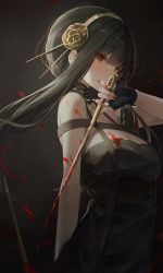 Rule 34 | 1girl, absurdres, bare shoulders, black dress, black gloves, black hair, blood, bloody weapon, commentary, dagger, dress, fingerless gloves, flower, gloves, gold hairband, hair flower, hair ornament, hairband, highres, holding, holding dagger, holding knife, holding weapon, knife, looking at viewer, lunia, nail polish, pink nails, red eyes, rose, short hair with long locks, sidelocks, solo, spy x family, weapon, yor briar