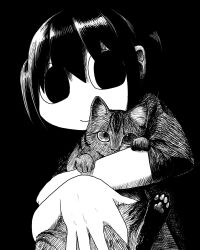 Rule 34 | 1girl, animal, animal hug, black background, black eyes, black hair, cat, closed mouth, commentary, crosshatching, explosion psycho, from side, haguruma hasami (explosion psycho), hair between eyes, hatching (texture), highres, holding, holding animal, holding cat, looking at viewer, monochrome, no nose, one side up, original, simple background, smile, solo, symbol-only commentary, upper body