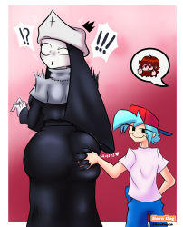 Rule 34 | !, !?, 1boy, 1girl, ?, ass grab, back, backboob, blue hair, blush, boyfriend (friday night funkin&#039;), breasts, friday night funkin&#039;, grabbing, grabbing another&#039;s ass, hat, heart, highres, horndog, huge breasts, looking at viewer, looking back, nun, open mouth, ponytail, short hair, size difference, smile, speech bubble, surprised, taki (friday night funkin&#039;)