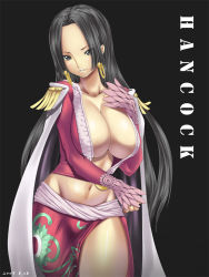 Rule 34 | 00s, 1girl, 2009, amazon lily, amazon warrior, bad id, bad pixiv id, black eyes, black hair, blush, boa hancock, breasts, cape, character name, cleavage, dated, earrings, epaulettes, female focus, forehead, huge breasts, jewelry, legs, long hair, menosuke, midriff, one piece, smile, thighs