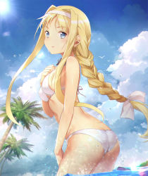Rule 34 | 1girl, alice zuberg, ass, bikini, bird, blonde hair, blue eyes, blue sky, bow, bowtie, braid, breasts, cloud, cloudy sky, commentary request, day, hairband, hand on own chest, highres, long hair, looking at viewer, looking back, medium breasts, outdoors, palm tree, parted lips, partially submerged, seagull, shiny skin, sidelocks, sky, solo, sunlight, swimsuit, sword art online, taro (ultrataro), tree, wading, water, water drop, white bikini