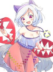 Rule 34 | 1girl, :d, animal ears, bear trap, blush, breasts, breasts day, cleavage, collarbone, dog ears, dog girl, dog tail, extra tails, frilled shirt, frilled skirt, frills, grey hair, grey tail, jewelry, looking at viewer, medium breasts, mitsugashira enoko, multiple tails, necklace, off-shoulder shirt, off shoulder, open mouth, pink skirt, purple shirt, rainbow print, red eyes, shirt, short hair, short sleeves, simple background, skirt, smile, solo, tail, tanasuke, touhou, white background
