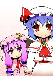 Rule 34 | 2girls, :&lt;, absurdres, holding another&#039;s arm, blue hair, crescent, fang, female focus, hat, highres, long hair, multiple girls, patchouli knowledge, purple eyes, purple hair, red eyes, remilia scarlet, short hair, shy, smile, takadoya, touhou, aged down