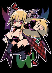 Rule 34 | 1girl, bad id, bad pixiv id, bat wings, blonde hair, blush, boots, breasts, chibi, cleavage, demon girl, female focus, full body, gloves, horns, large breasts, open mouth, original, pointy ears, red eyes, ribbon, solo, demon girl, tail, wings, zankuro