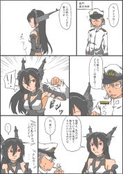 Rule 34 | 10s, admiral (kancolle), bare shoulders, black hair, blocking, comic, headgear, kantai collection, long hair, military, military uniform, multiple girls, nagato (kancolle), naval uniform, osora (judithandlilith), red eyes, simple background, smoking, traditional media, translation request, uniform