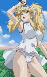 Rule 34 | 1girl, arm up, armpits, blonde hair, blue eyes, breasts, character request, large breasts, legs, long hair, open mouth, panties, pantyshot, racket, stitched, tennis racket, thighs, third-party edit, twintails, underwear, white panties