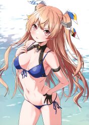 Rule 34 | 1girl, absurdres, armband, bare shoulders, bikini, blush, bow, breasts, brown hair, front-tie bikini top, front-tie top, gloves, hair bow, hair ornament, hand on own hip, hand on own chest, hand up, highres, johnston (kancolle), kantai collection, long hair, looking at viewer, medium breasts, navel, red eyes, scan, side-tie bikini bottom, simple background, single glove, smile, solo, stomach, swimsuit, takanashi kei (hitsujikan), thighs, tongue, tongue out, twintails, water