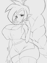 Rule 34 | 1girl, absurdres, bare shoulders, blush, braid, braided ponytail, breasts, cleavage, crop top, curvy, genie, grey background, highres, large breasts, long hair, midriff, monochrome, navel, pointy ears, ponytail, shantae, shantae (series), short shorts, shorts, sketch, sleeveless, narrow waist, smile, solo, stomach, thick thighs, thighhighs, thighs, very long hair, wide hips, zoey kazuya