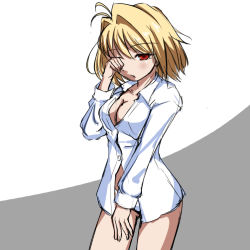 Rule 34 | 1girl, arcueid brunestud, blonde hair, breasts, cleavage, contrapposto, cowboy shot, gluteal fold, hair intakes, kore (kore), looking at viewer, medium breasts, no bra, no pants, one eye closed, open clothes, open shirt, panties, red eyes, rubbing eyes, shirt, short hair, simple background, sketch, solo, standing, tsukihime, underwear