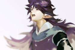 Rule 34 | 1boy, artist name, blurry, blurry background, fengxi (the legend of luoxiaohei), grey background, hair between eyes, long hair, male focus, onitobico, open mouth, pink eyes, pointy ears, purple hair, simple background, sketch, solo, luo xiaohei zhanji, tongue, upper body