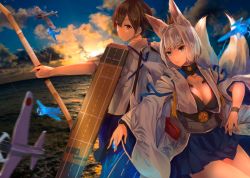 Rule 34 | 2girls, aircraft, animal ears, aqua eyes, azur lane, black eyes, black hair, bow (weapon), breasts, cleavage, cloud, cloudy sky, collarbone, commentary request, crossover, fox ears, fox girl, fox tail, historical name connection, holding, holding bow (weapon), holding weapon, horizon, japanese clothes, kaga (azur lane), kaga (kancolle), kantai collection, kitsune, konkito, kyuubi, long hair, looking at viewer, machinery, multiple girls, multiple tails, name connection, ocean, pleated skirt, shade, short hair, side ponytail, skirt, sky, smile, tail, tasuki, twilight, weapon, white hair, wide sleeves