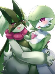 Rule 34 | 2girls, animal hands, animal nose, blush, bob cut, body fur, breast press, breasts, cat girl, colored skin, cowboy shot, creatures (company), fangs, female focus, from side, furry, furry female, furry with non-furry, game freak, gardevoir, gen 3 pokemon, green fur, green hair, green skin, green theme, hair over one eye, half-closed eyes, happy, highres, hug, interspecies, kuru bushi, large breasts, looking at viewer, meowscarada, multicolored skin, multiple girls, nintendo, one eye covered, open mouth, pokemon, purple eyes, red eyes, short hair, simple background, skin fangs, smile, standing, symmetrical docking, tail, two-tone fur, two-tone skin, white background, white skin, yuri