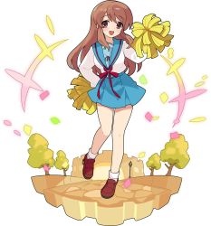Rule 34 | +++, 1girl, artist request, asahina mikuru, blue sailor collar, blue skirt, breasts, brown eyes, brown footwear, brown hair, castle, confetti, female focus, fisheye, full body, hand on own hip, hand up, highres, holding, holding pom poms, knees together feet apart, lamppost, leg up, loafers, long hair, long sleeves, looking at viewer, matching hair/eyes, medium breasts, miniskirt, non-web source, official art, open mouth, pom pom (cheerleading), pom poms, red ribbon, ribbon, sailor collar, school uniform, serafuku, shirt, shirt tucked in, shoes, sidelocks, skirt, socks, solo, standing, standing on one leg, suzumiya haruhi no yuuutsu, transparent background, tree, white shirt, white socks, world flipper